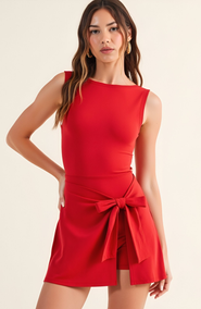 Modenaire Sleeveless Active Romper with Side Tie Skirt Overlay and Crew Neckline