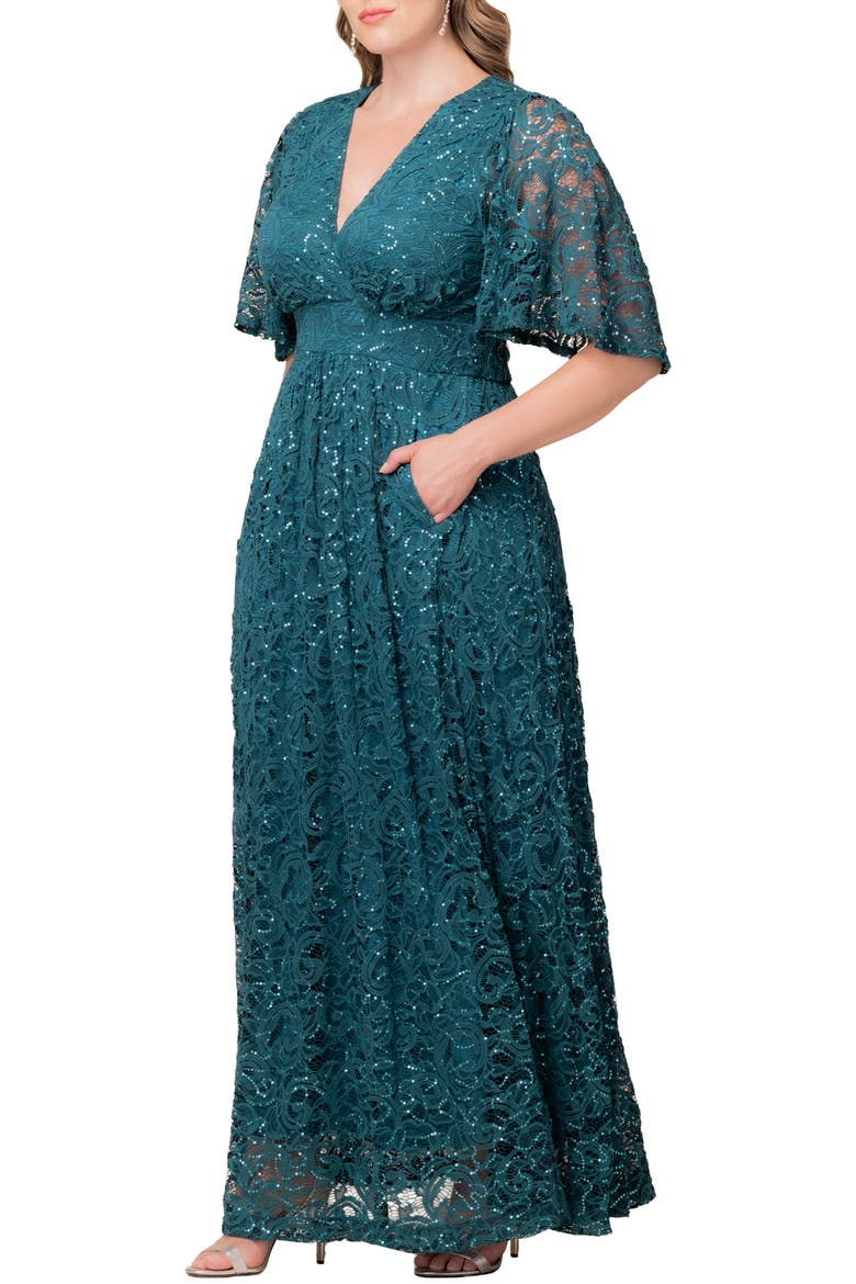 Luminous Sequin Lace A-Line Gown, Alternate, color, TEAL TOPAZ