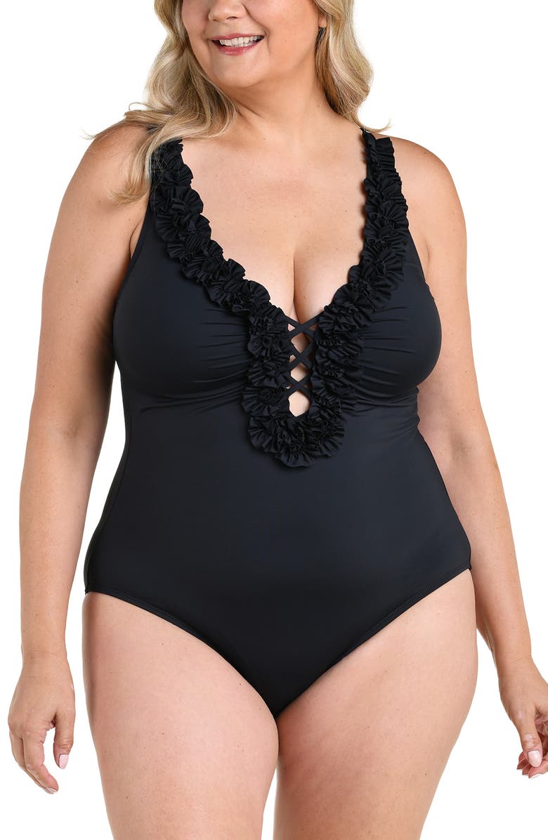La Blanca Island Plunge One-Piece Swimsuit, Alternate, color, 