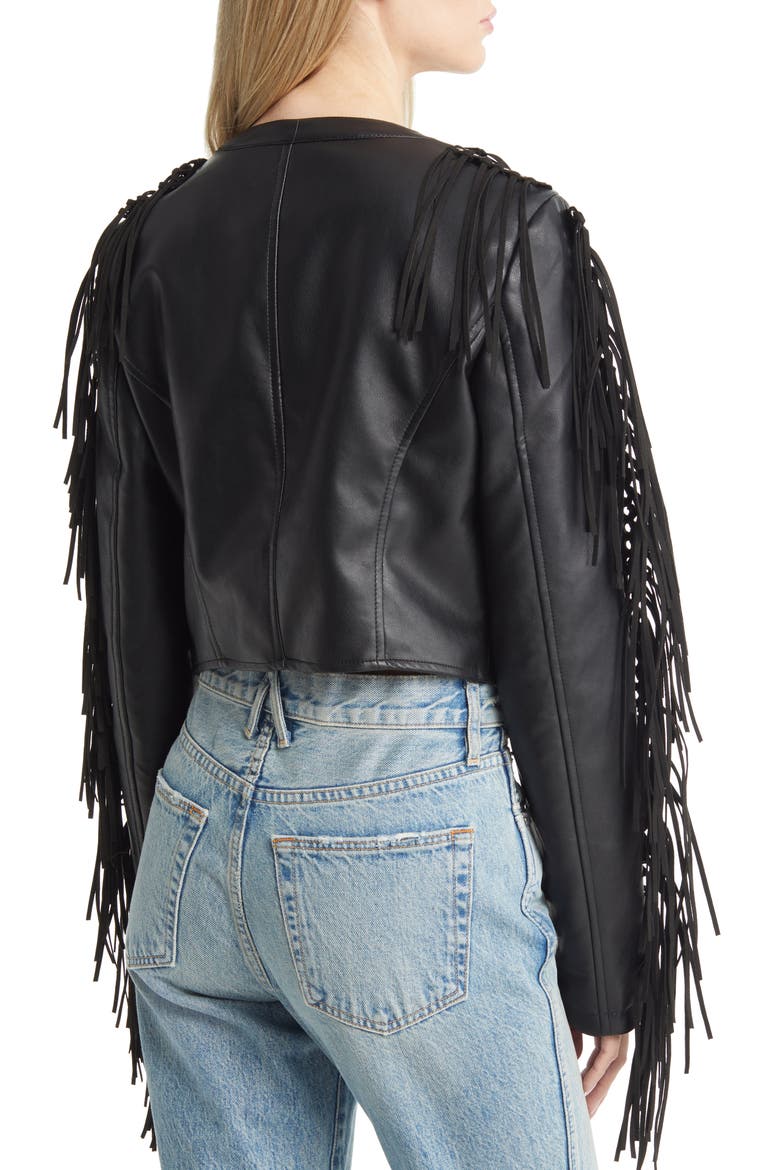 Fringe & Rivet Detail Faux Leather Jacket, Alternate, color, BLACK