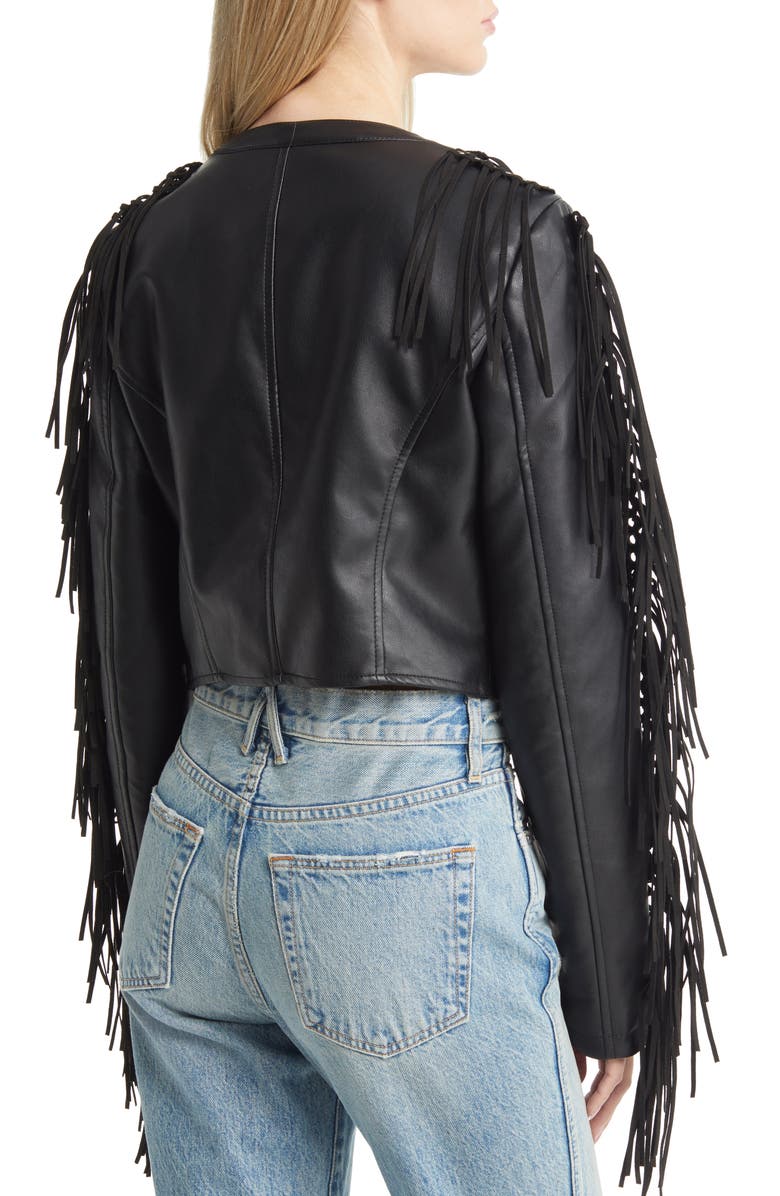 AZALEA WANG Fringe & Rivet Detail Faux Leather Jacket, Alternate, color, Black