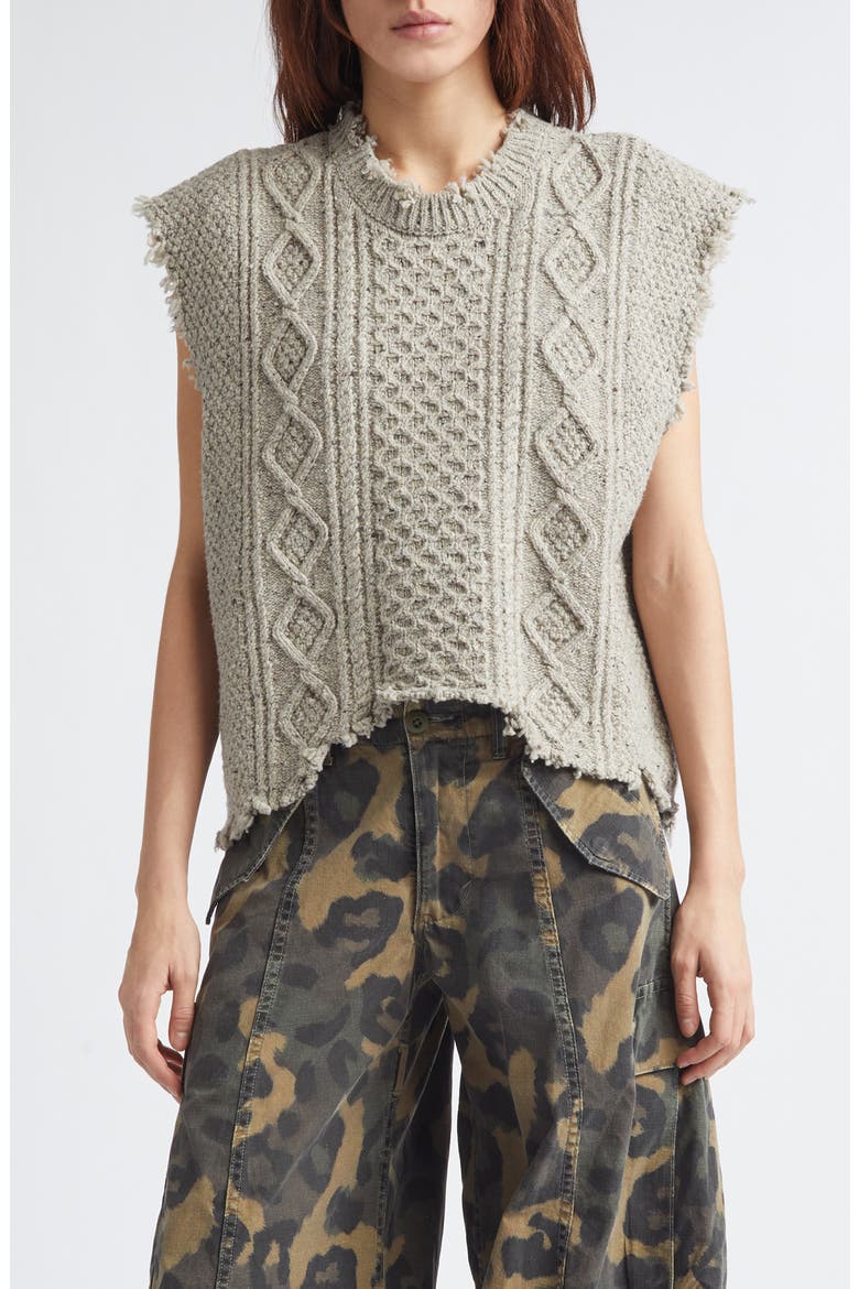 Distressed Cable Stitch Wool Blend Boyfriend Sweater Vest, Main, color, LIGHT HEATHER GREY TWEED