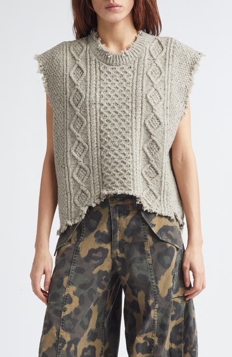 Distressed Cable Stitch Wool Blend Boyfriend Sweater Vest