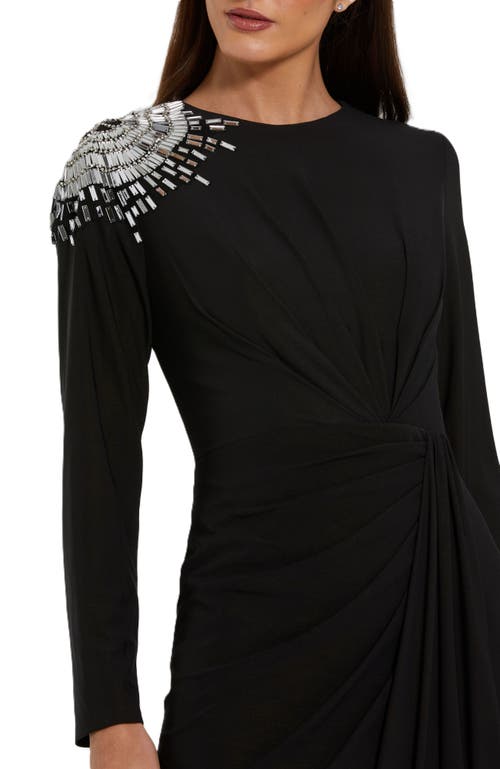 Mac Duggal Jersey Long Sleeve Weap Gown With Beaded Shoulder In Black