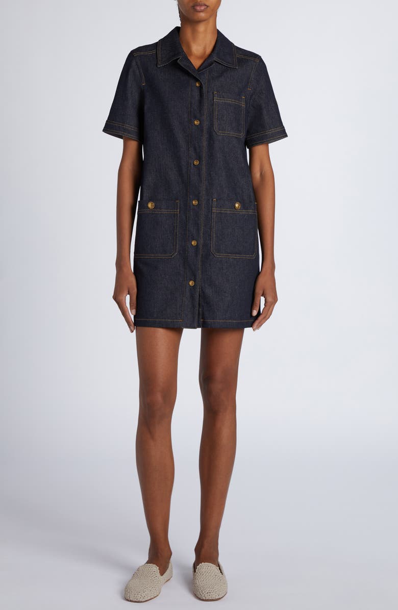 Moncler Stretch Denim Shirtdress, Main, color, Blue Navy Denim