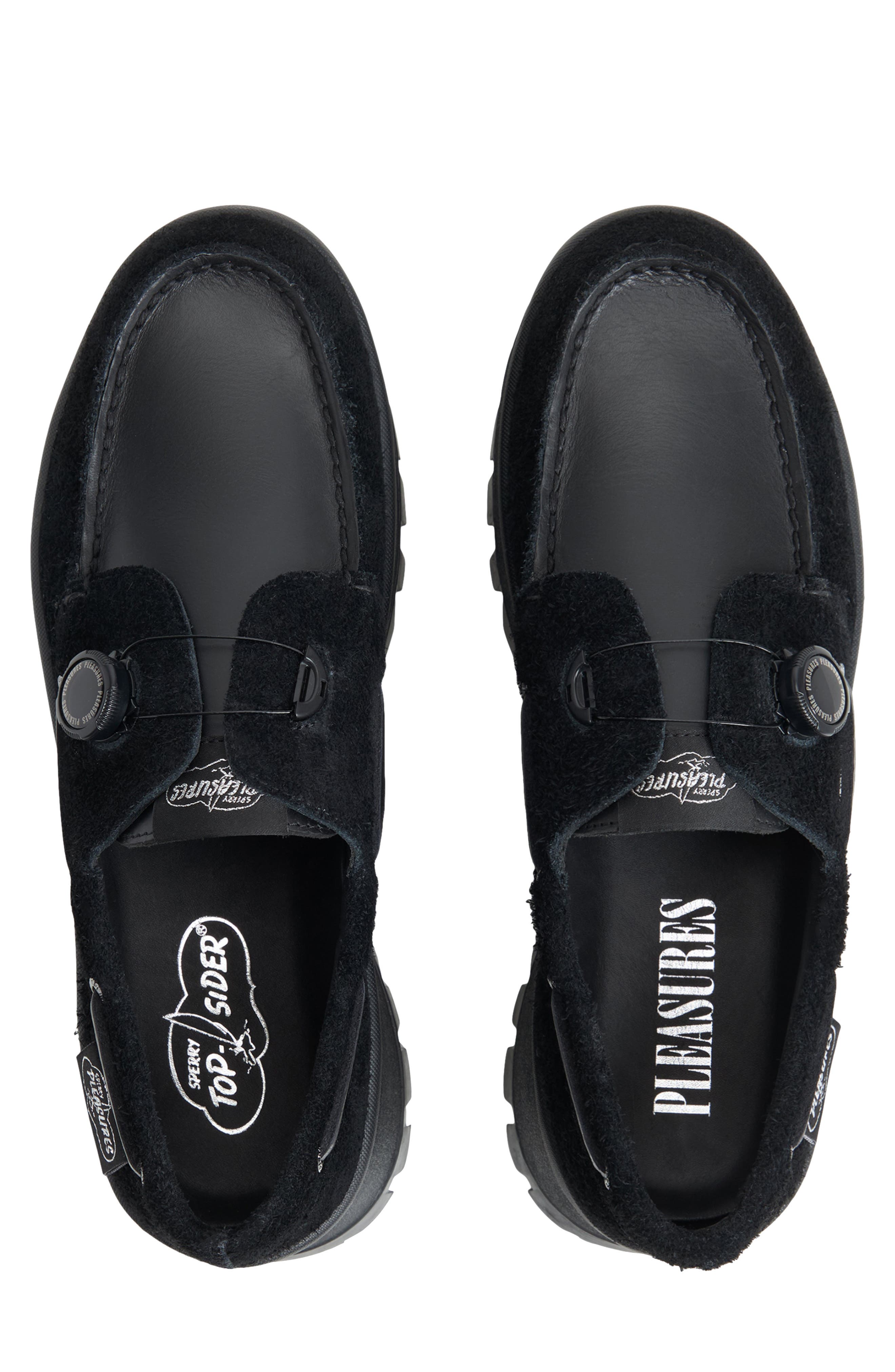 Sperry x PLEASURES 3-Eye Vibram Turn-Lock Lug Boat Shoe, Alternate, color, Black Leather Suede