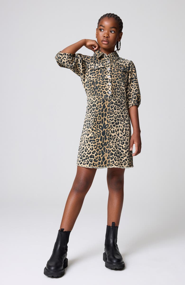smALLSAINTS by ALLSAINTS Kids' Leopard Print Puff Sleeve Denim Dress, Alternate, color, Brown
