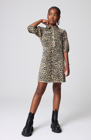 Kids' Leopard Print Puff Sleeve Denim Dress