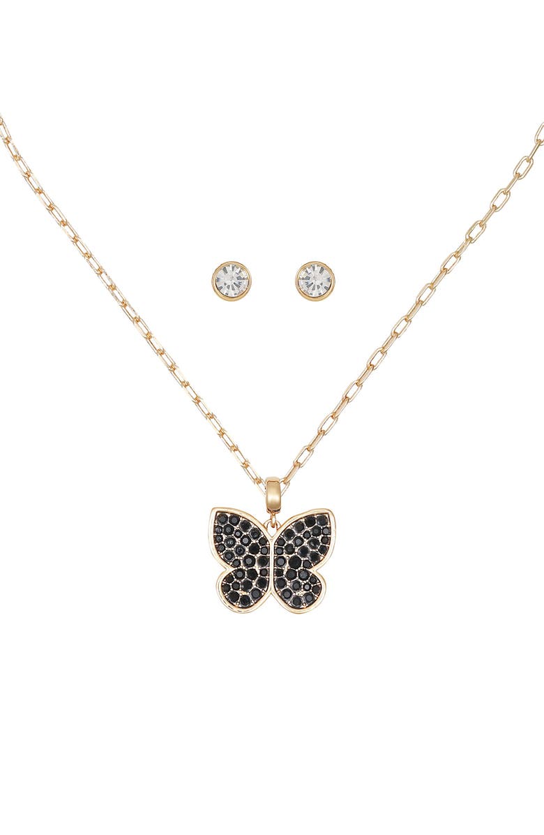 GUESS Butterfly Pendant Necklace & Stud Earrings Set, Alternate, color, Gold/Black