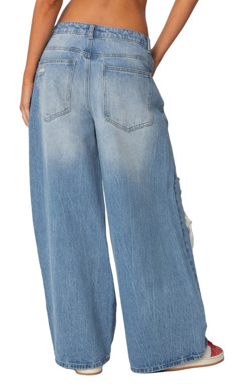 Edikted Ripped Low Rise Baggy Wide Leg Jeans In Blue-washed