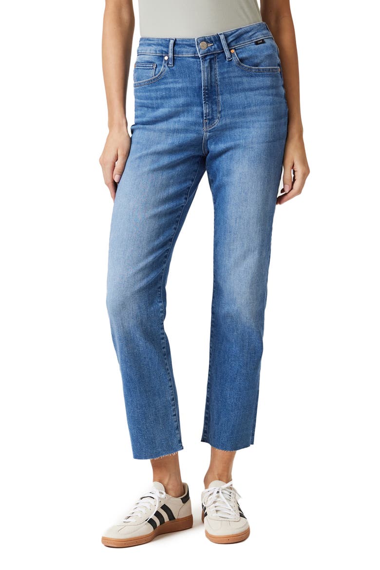 New York Raw Hem High Waist Straight Leg Jeans, Main, color, MID BLUE FLEX BLUE