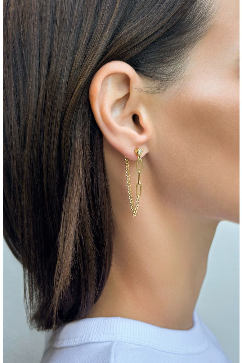 Cubic Zirconia Paper Clip Drop Front/Back Earrings, Alternate, color, GOLD