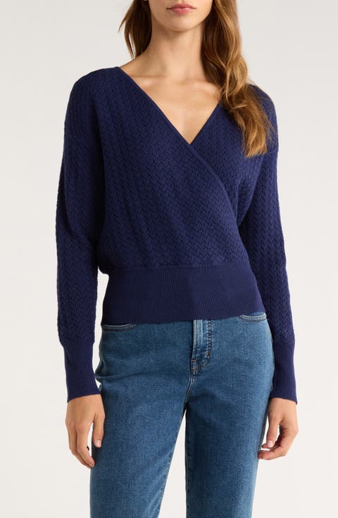 Surplice V-Neck Cotton Blend Pointelle Sweater