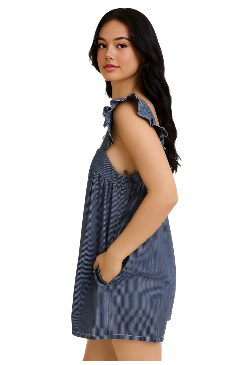 Knit and Lounge Ruffle Strap Denim Romper with Relaxed A-Line Silhouette, Alternate, color, 