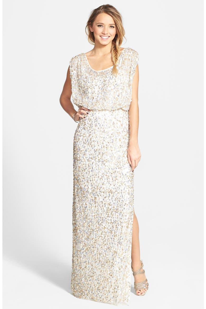 Blouson Bodice Sequin Mesh Gown, Main, color, IVORY