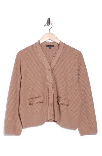Adrianna Papell Frayed Waffle Knit Cardigan In Cocoa