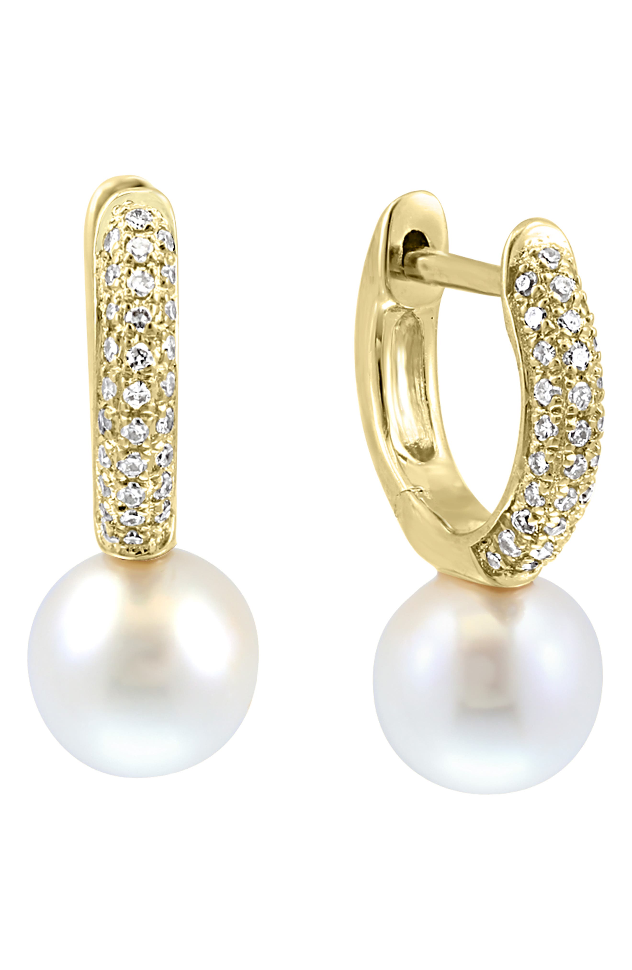 EFFY Pavé Diamond Pearl Drop Huggie Hoop Earrings