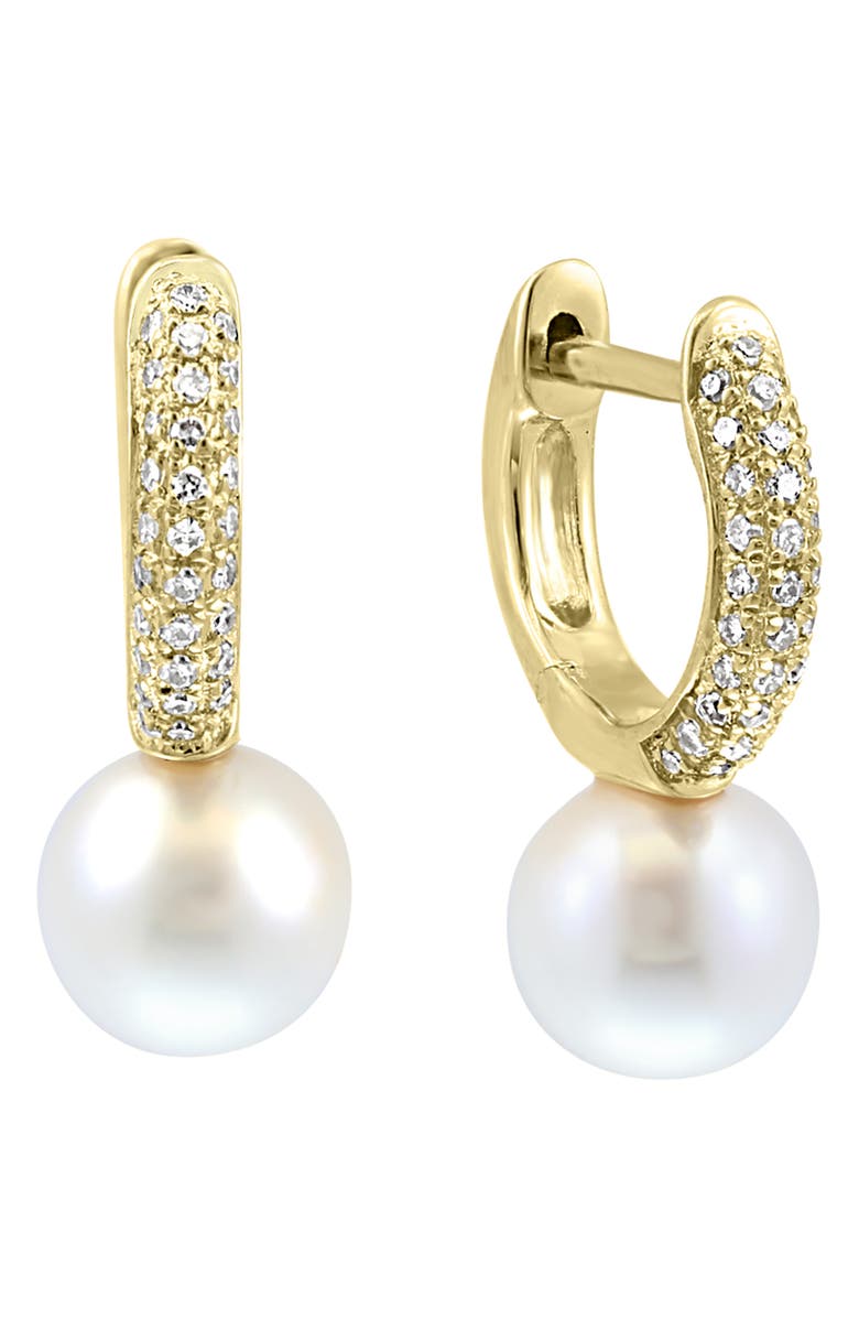EFFY Pavé Diamond Pearl Drop Huggie Hoop Earrings, Main, color, White