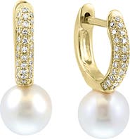EFFY Pavé Diamond Pearl Drop Huggie Hoop Earrings