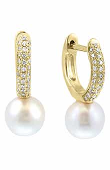 EFFY Pavé Diamond Pearl Drop Huggie Hoop Earrings