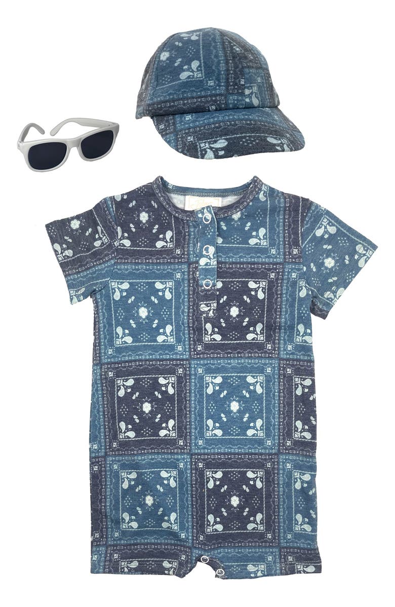 Toby Bandana Print Romper, Hat & Sunglasses Set, Main, color,