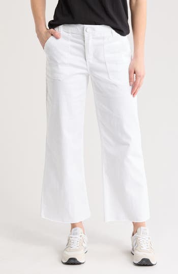 Democracy Raw Hem Crop Flare Utility Jeans In White
