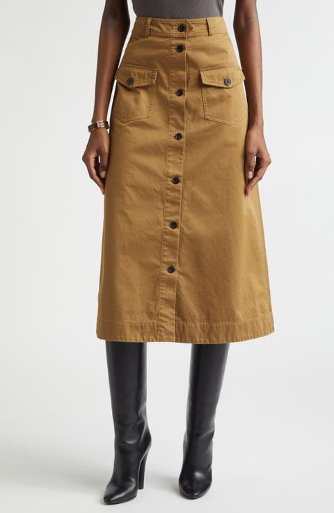 Button Front Cotton Serge Midi Skirt