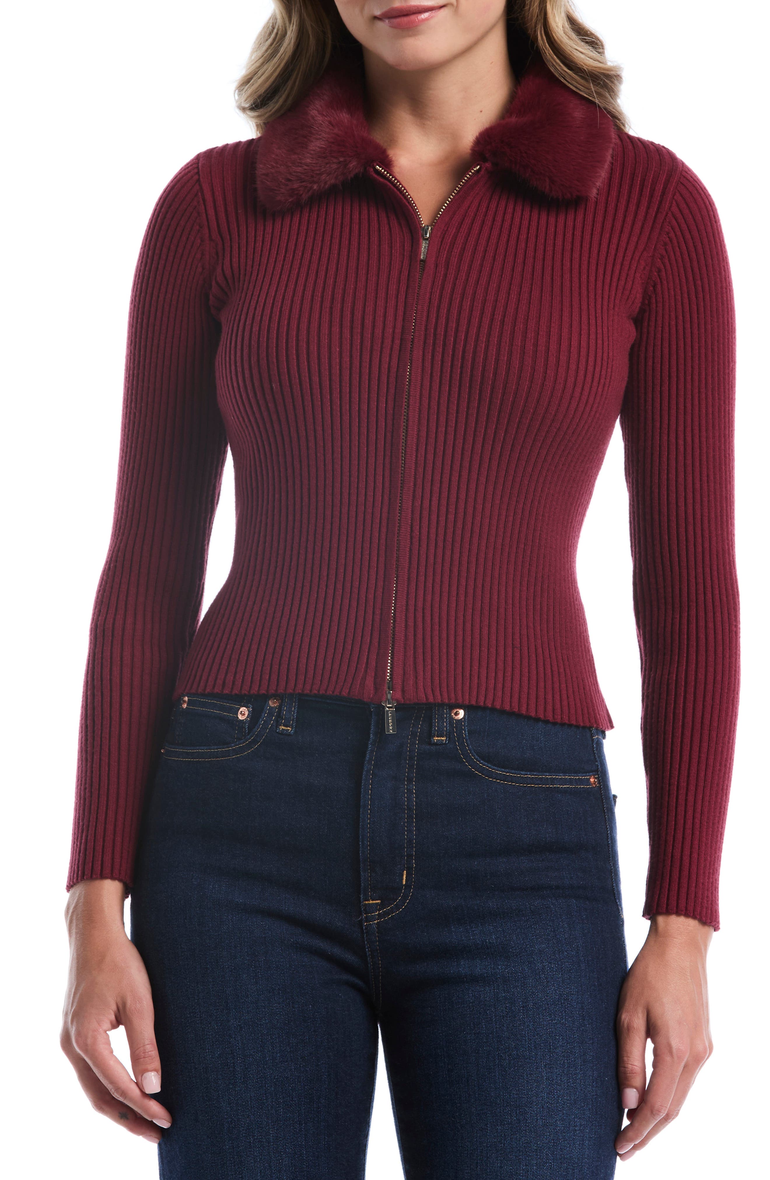 Faux Fur Collar Crop Zip Cardigan