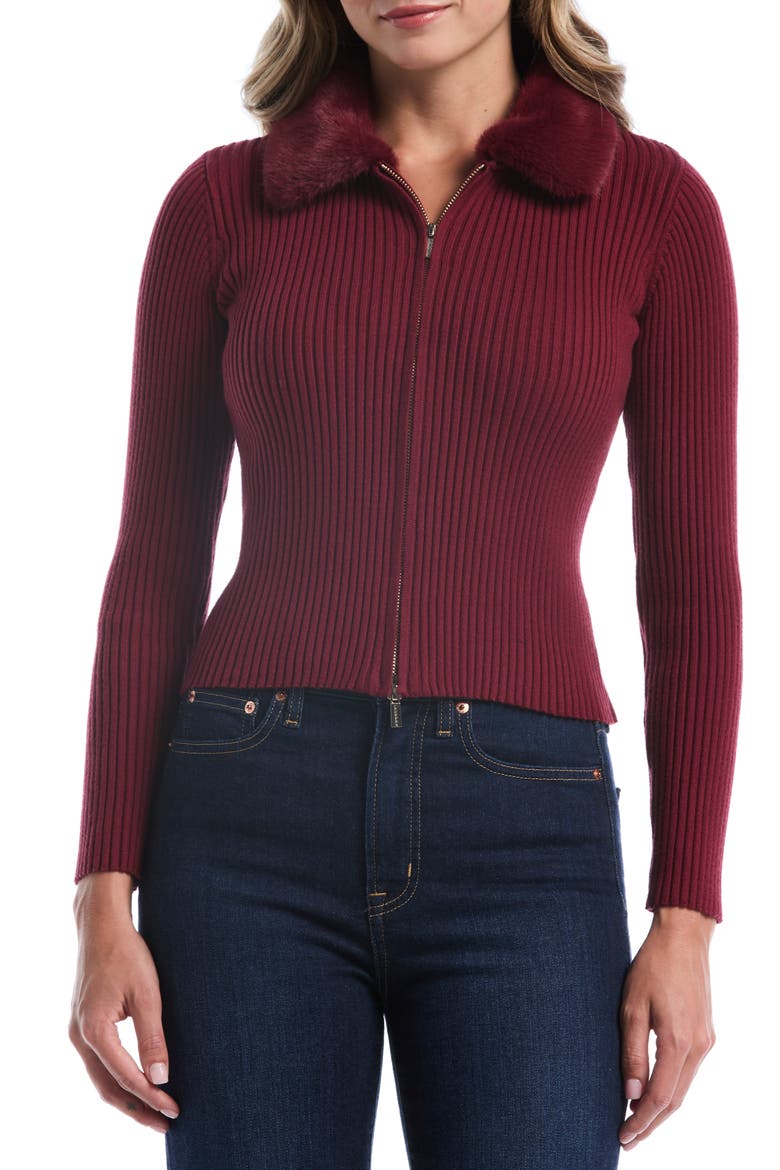 Faux Fur Collar Crop Zip Cardigan, Main, color, POMERGRANTE