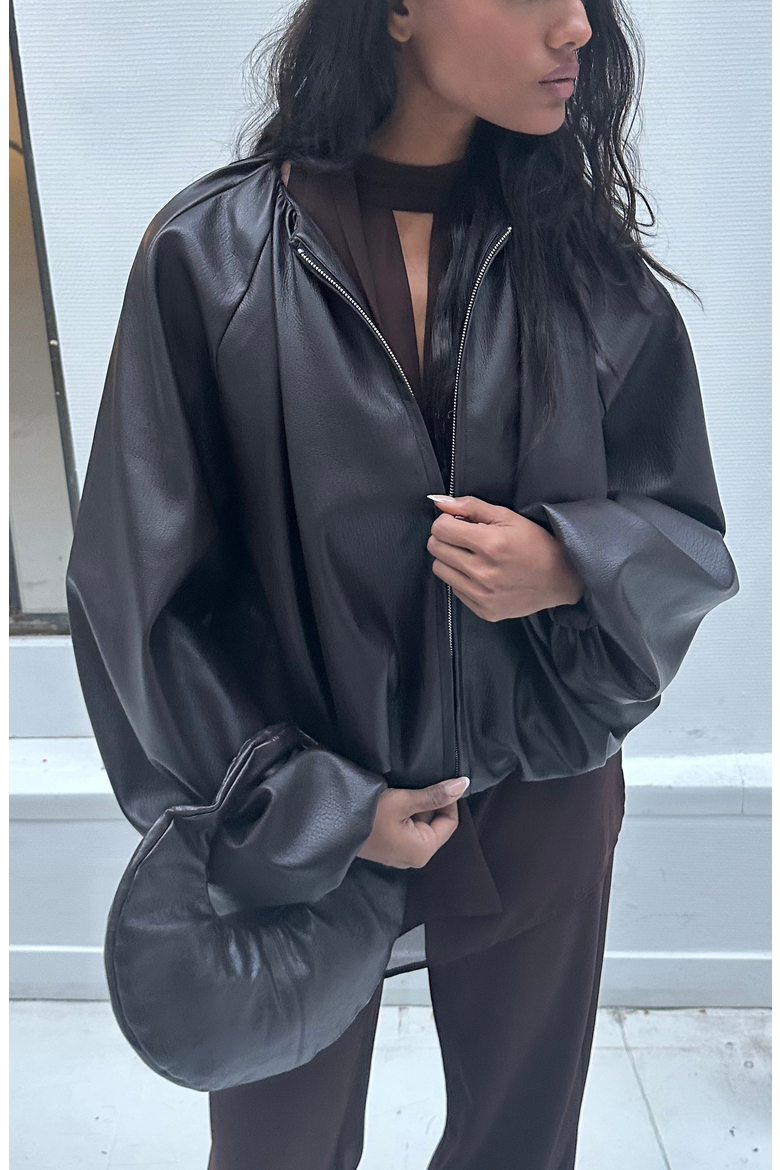 Edda Faux Leather Bomber Jacket, Alternate, color, Dark Brown