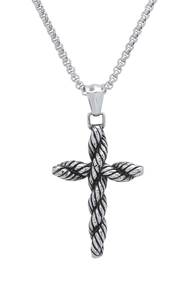 Men's Stainless Steel Twisted Cross Necklace, Main, color, SILVER