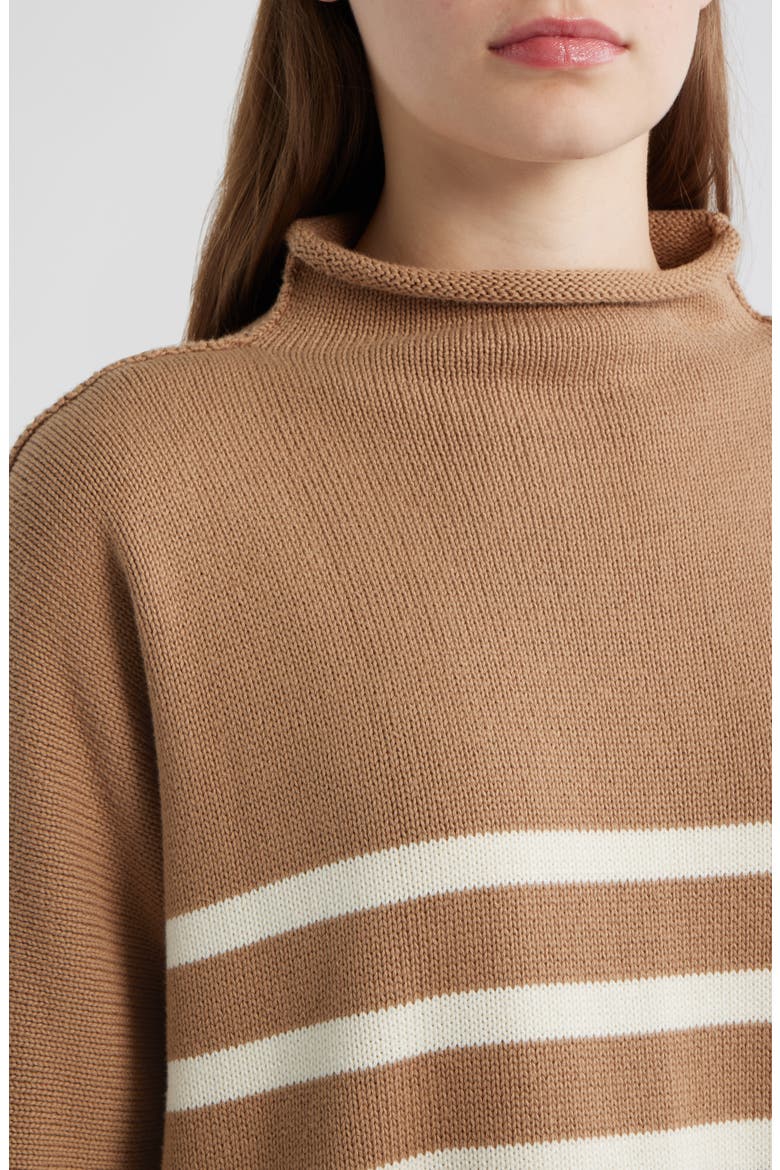 Monterey Stripe Cotton Funnel Neck Sweater, Alternate, color, CAMEL STRIPE