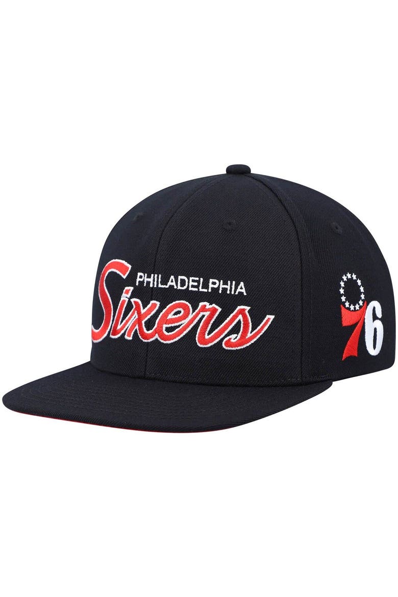Men's Mitchell & Ness Black Philadelphia 76ers Hardwood Classics Script 2.0 Snapback Hat, Main, color, Black