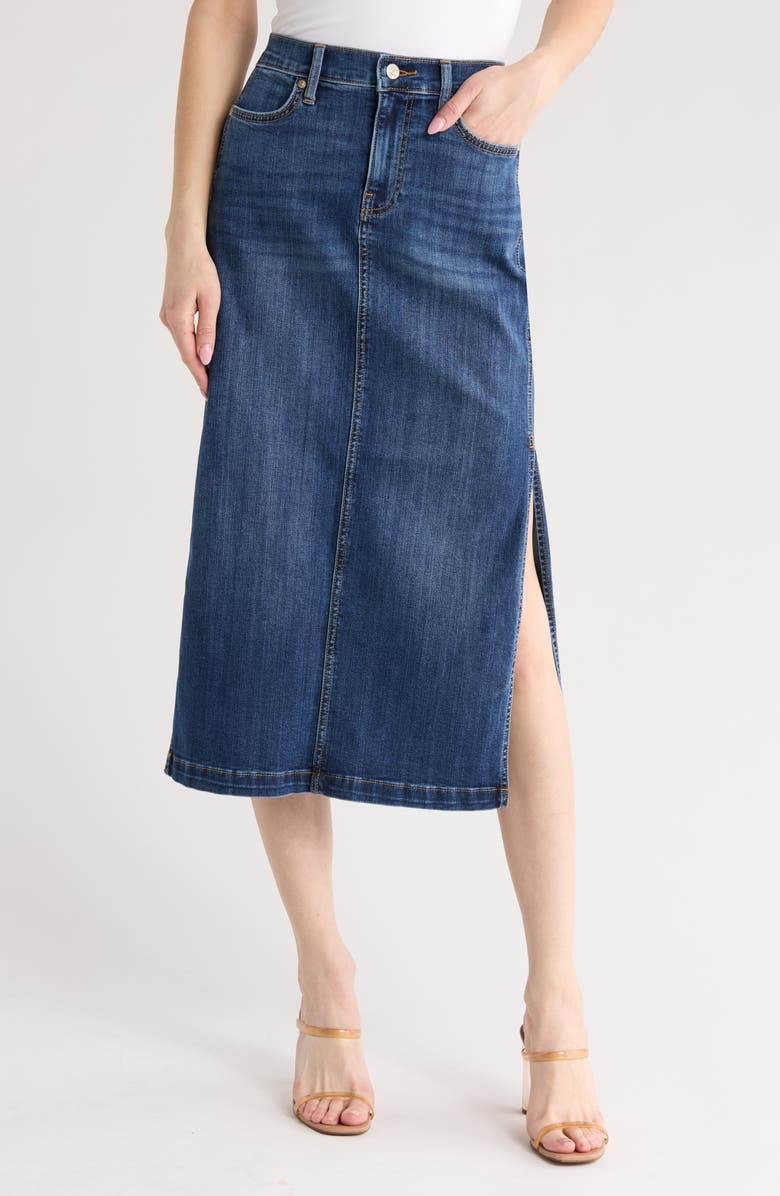 7 For All Mankind Side Slit Denim Midi Skirt, Main, color, Lapis