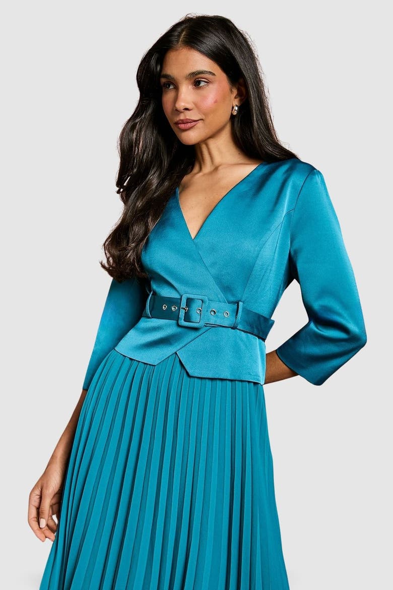 Satin Bodice Pleat Skirt Midi Dress, Alternate, color, Teal