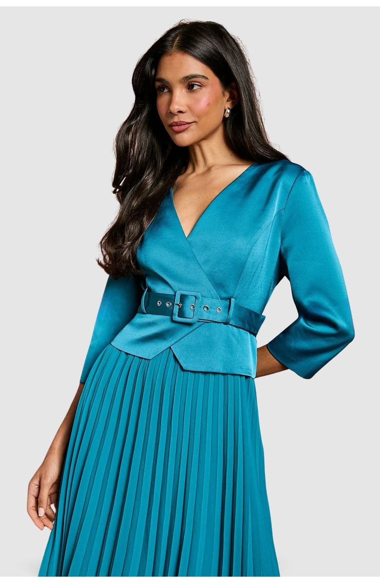 Coast Satin Bodice Pleat Skirt Midi Dress, Alternate, color, Teal