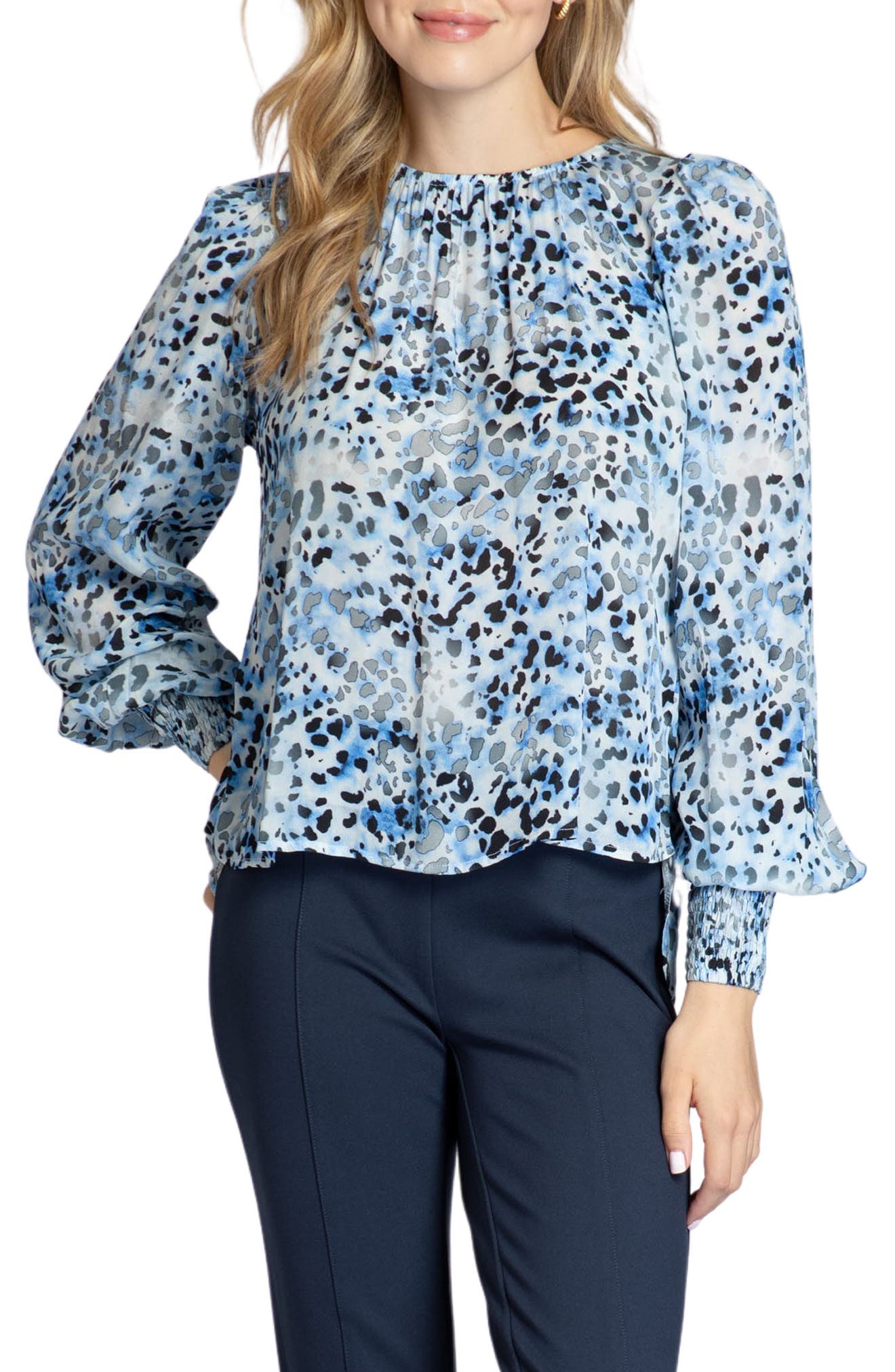Leopard Print Gathered Neck Chiffon Top