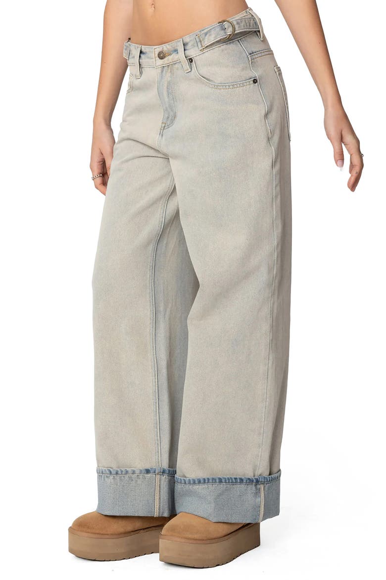 Buckle Tab Low Rise Wide Leg Jeans, Alternate, color, BLUE-WASHED
