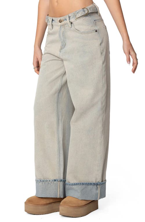 Edikted Buckle Tab Low Rise Wide Leg Jeans In Blue-washed