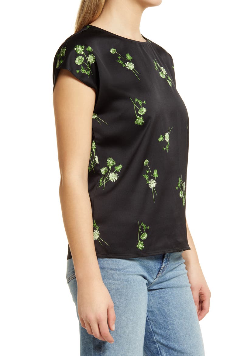 Cap Sleeve Satin Blouse, Alternate, color, BLACK FLORAL BUNCHES