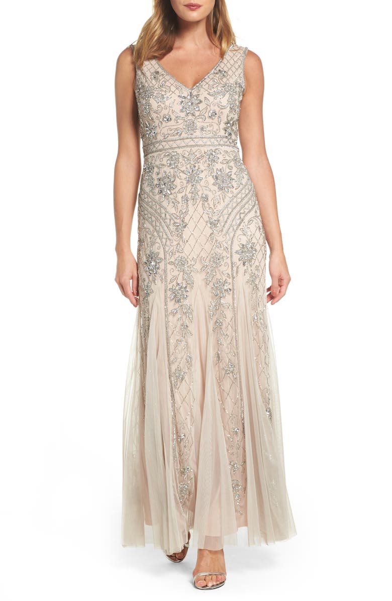 Adrianna Papell Beaded Double V-Neck Gown, Main, color, 
