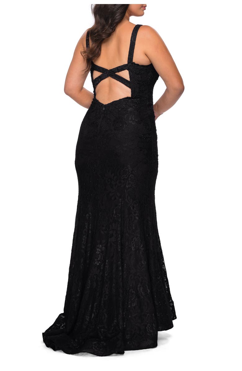 La Femme Plus SIze Dress Lace Fitted Long Gown, Alternate, color, Black
