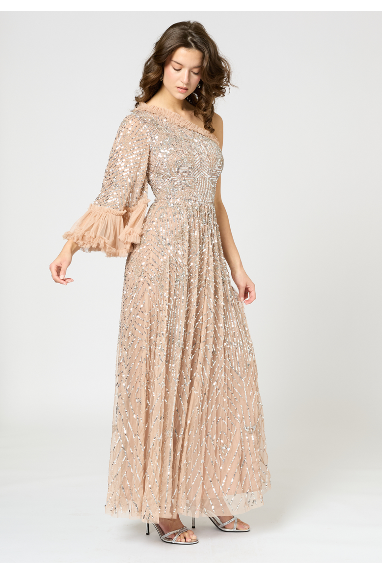 One Shoulder Embellished Sequin Beaded Maxi Dress, Alternate, color, TAUPE BLUSH