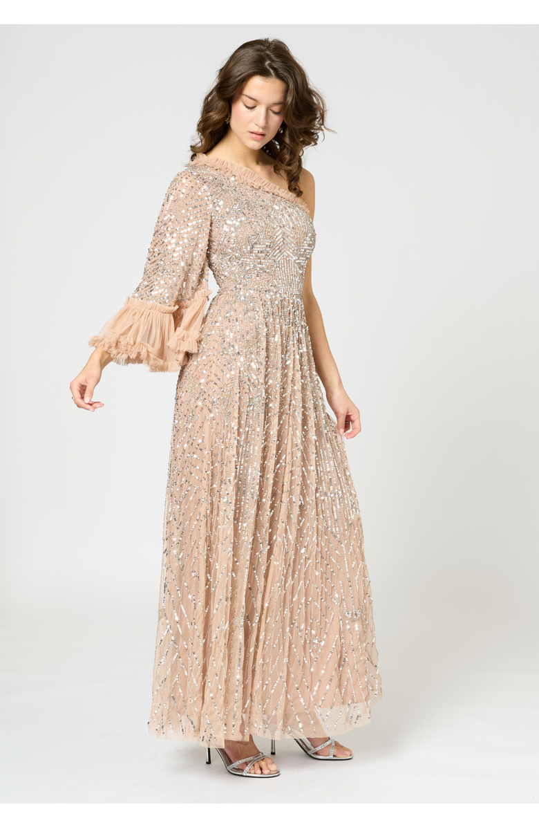 BEAUUT One Shoulder Embellished Sequin Beaded Maxi Dress, Alternate, color, Taupe Blush