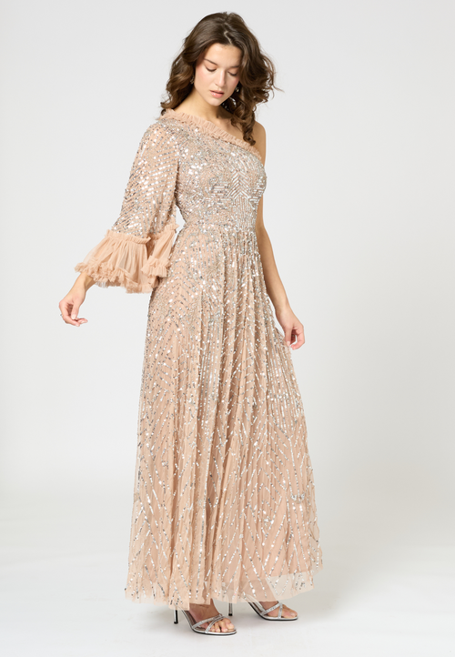 Beauut One Shoulder Embellished Sequin Beaded Maxi Dress In Neutral