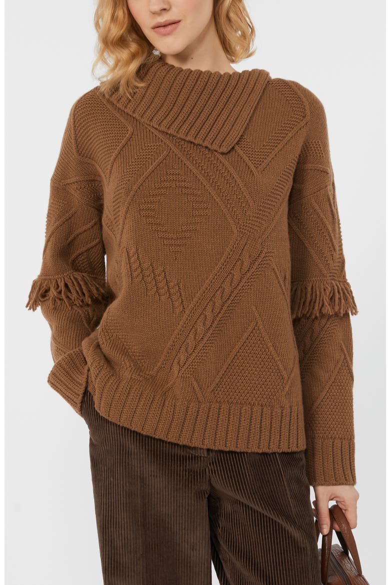 Mastro Fringe & Cable Detail Virgin Wool Sweater, Alternate, color, HAZELNUT BROWN