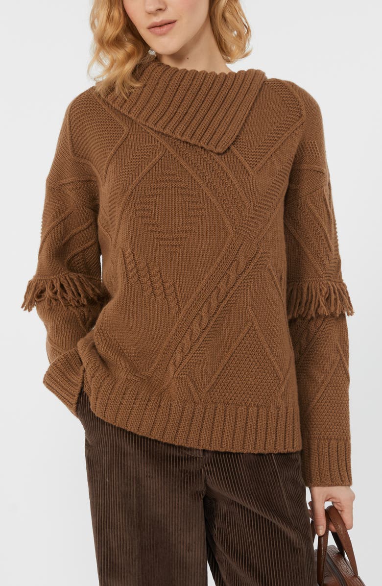Weekend Max Mara Mastro Fringe & Cable Detail Virgin Wool Sweater, Alternate, color, Hazelnut Brown