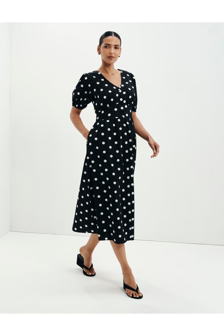 Petite Addison Cotton V-Neck Midi Dress, Alternate, color, Black Spot