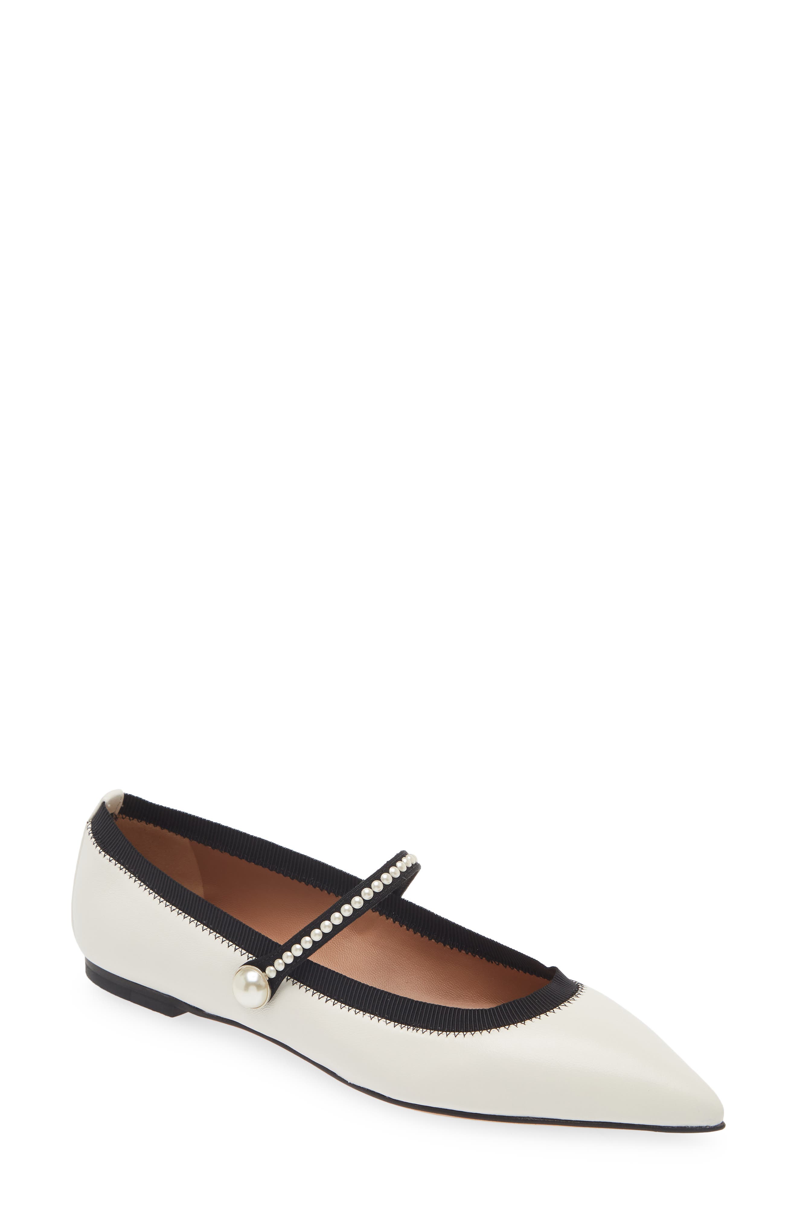 Romy Pearly Strap Pointed Toe Mary Jane Flat, Main, color, WHITE