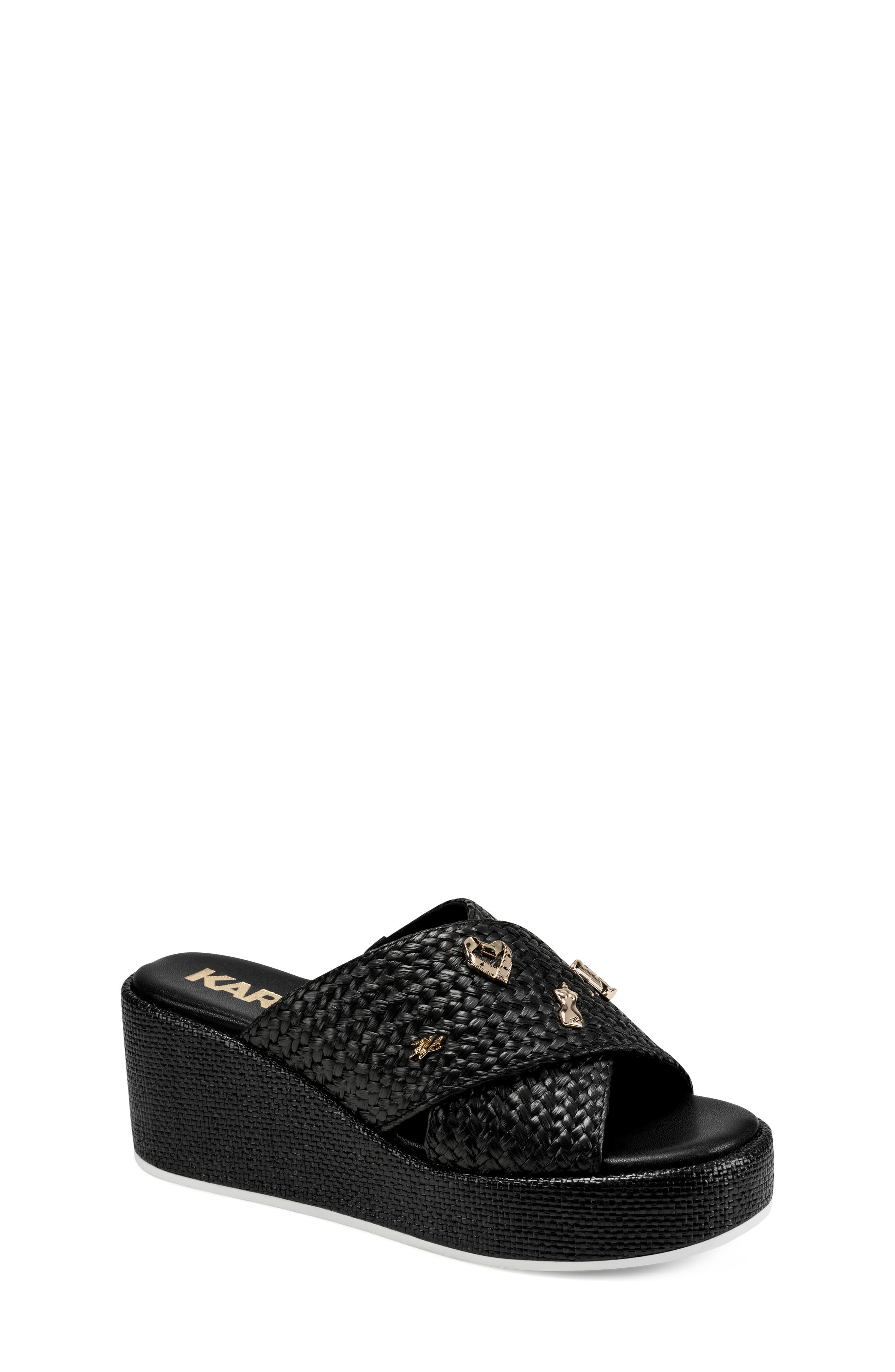 KARL LAGERFELD PARIS Caleigh Woven Platform Wedge Sandal, Main, color, Black